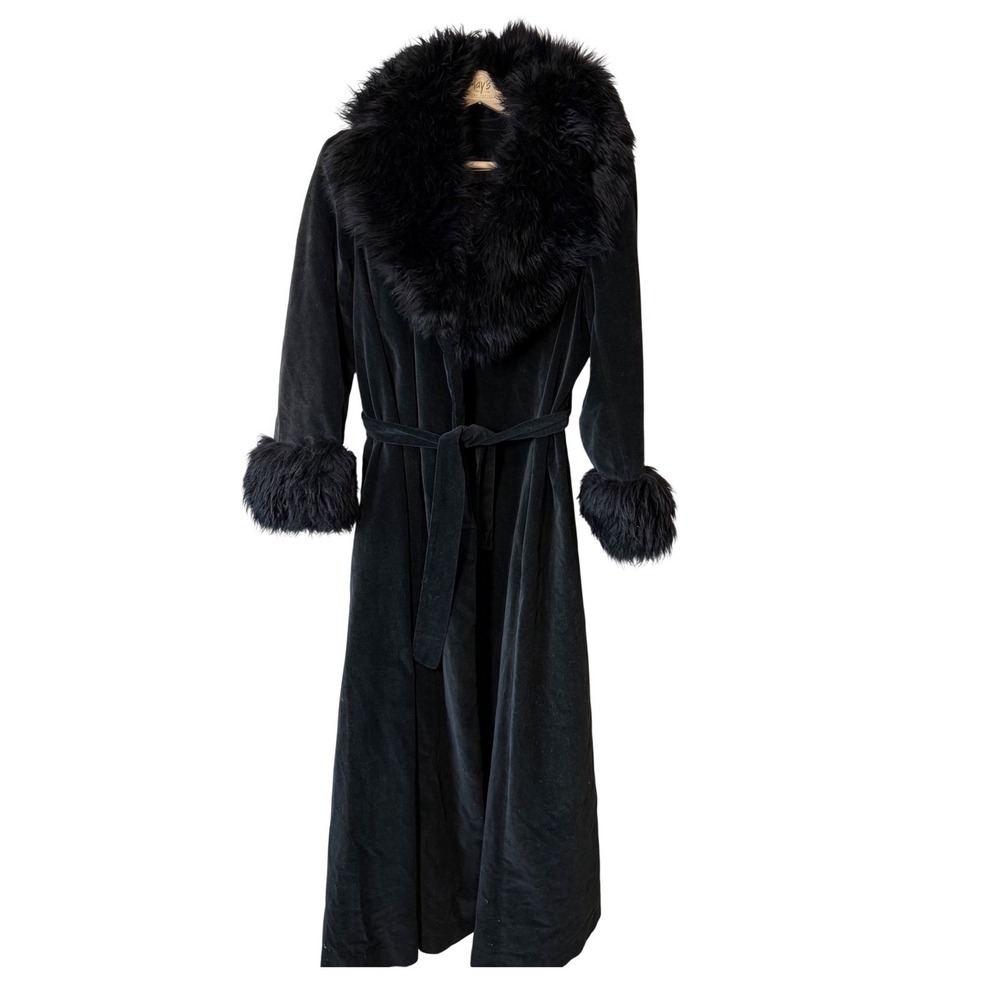 VTG Raincheetahs Black Velvet Faux Fur Long Opera Coat Belted Sz 12‎ Penny Lane